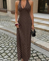 Damen ärmelloses Bodycon langes Kleid mit Tupfenmuster in Braun