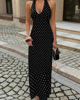 Damen ärmelloses Bodycon langes Kleid mit Tupfenmuster in Schwarz
