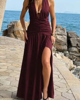 Damen Halter Maxikleid mit V Ausschnitt Schlitz und Raffung in Weinrot