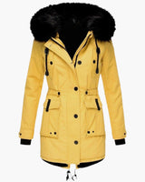 Andrea | Damen Casual Warme Longline Kapuzen Winterjacke in Gelb