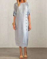 Adelie™ Baumwoll-Leinenkleid mit seitlichen Knöpfen und raffiniertem Schlitz / Bewegung und Eleganz in der richtigen Dosierung! in Blau
