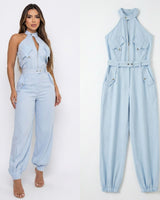 Dominna™ Jumpsuit aus Leichter Sarja im Raffinierten Cargo-Stil in Blau