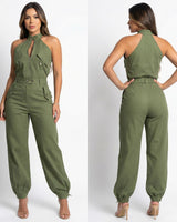 Dominna™ Jumpsuit aus Leichter Sarja im Raffinierten Cargo-Stil in Grün
