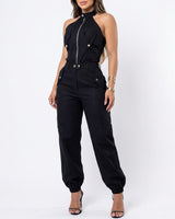 Dominna™ Jumpsuit aus Leichter Sarja im Raffinierten Cargo-Stil in Schwarz