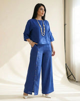 Roots™ Baumwoll-Leinen-Set mit Lockerem Oberteil und Eleganter Weit Geschnittener Hose in Blau