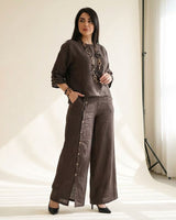 Roots™ Baumwoll-Leinen-Set mit Lockerem Oberteil und Eleganter Weit Geschnittener Hose in Kaffee