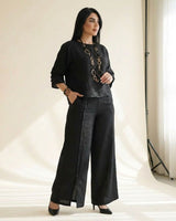 Roots™ Baumwoll-Leinen-Set mit Lockerem Oberteil und Eleganter Weit Geschnittener Hose in Schwarz