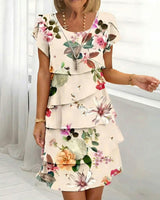 Cremona™-Kleid mit Blumenmuster, gestuftem Design und leicht ausgestellten Ärmeln in Weiß mit Blumenmuster