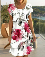 Cremona™-Kleid mit Blumenmuster, gestuftem Design und leicht ausgestellten Ärmeln in Rotes Blumenmuster