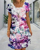 Cremona™-Kleid mit Blumenmuster, gestuftem Design und leicht ausgestellten Ärmeln in Blaues Blumenmuster