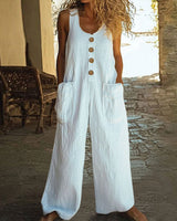 Lässiger Button-Up Jumpsuit mit weitem Bein und Taschen in Weiß
