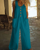 Lässiger Button-Up Jumpsuit mit weitem Bein und Taschen in Blau