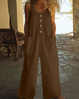Lässiger Button-Up Jumpsuit mit weitem Bein und Taschen in Braun