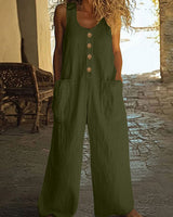 Lässiger Button-Up Jumpsuit mit weitem Bein und Taschen in Militärgrün