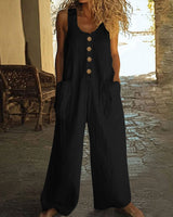 Lässiger Button-Up Jumpsuit mit weitem Bein und Taschen in Schwarz