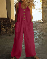 Lässiger Button-Up Jumpsuit mit weitem Bein und Taschen in Ziegelrot
