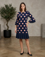 Cäcilia™ Klassisches Midikleid mit Volants in Blau mit Rosa Punkten