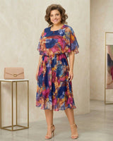 Garden Glow™ Bedrucktes Midikleid mit Überlage in Tropische Aquarellfarben (Blau + Rosa + Gelb)