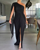 Katharina™ Drapiertes One-Shoulder-Maxikleid in Schwartz