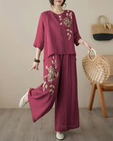 Nicole™ Set aus Baumwoll Leinen mit zarter Blumenstickerei und Pantalon Hose in Bordeauxrot
