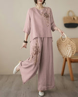 Nicole™ Set aus Baumwoll Leinen mit zarter Blumenstickerei und Pantalon Hose in Hellrosa