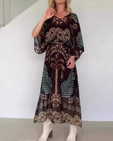 Orlena™- Kaftan Kleid mit kunstvollem Muster und Verstellbarem Taillenband in Braun