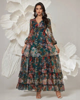 Orphélia™-Kleid mit Luxuriösem Kunstdruck und Fließenden Lagen in Petrol Floral
