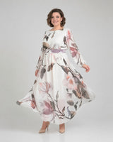 Manuela™ Kleid mit definierter Taille und U Boot Ausschnitt in Weiß mit Braunem Blumenmuster