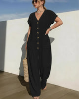 Cannes™ Jumpsuit mit Knopfleiste vorn und V-Ausschnitt in Schwarz