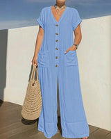 Cannes™ Jumpsuit mit Knopfleiste vorn und V-Ausschnitt in Hellblau