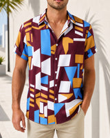 Graffiti™ Hemd mit künstlerischem geometrischem Print und leichtem Fall in Bordeauxrot mit Blau + Weiß + Gelb