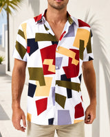 Graffiti™ Hemd mit künstlerischem geometrischem Print und leichtem Fall in Weiß mit Rot + Gelb + Grün