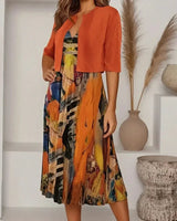 Rennes™ Set mit Künstlerischem Print und Offener Kurzer Strickjacke in Orange