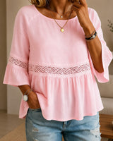 Alina™ Bluse aus Baumwoll-Leinen mit Zarter Spitze und Ausgestellten Ärmeln in Rosa