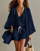 Alena™ Set aus Visco-Leinen mit Leichtem Kimono in Marineblau
