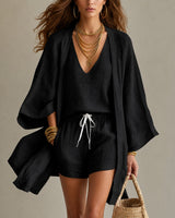 Alena™ Set aus Visco-Leinen mit Leichtem Kimono in Schwarz