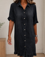Hemdblusenkleid Marla™ aus Leichtem Denim mit Klassischem Kragen und Volantärmeln in Schwarz