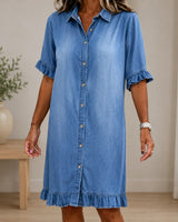 Hemdblusenkleid Marla™ aus Leichtem Denim mit Klassischem Kragen und Volantärmeln in Blau