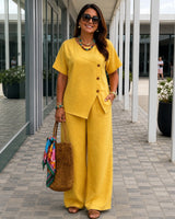 Savena™ Set aus Baumwollleinen mit asymmetrischer Bluse und fließender Palazzohose in Gelb