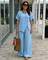 Savena™ Set aus Baumwollleinen mit asymmetrischer Bluse und fließender Palazzohose in Blau