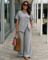 Savena™ Set aus Baumwollleinen mit asymmetrischer Bluse und fließender Palazzohose in Grau