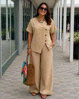 Savena™ Set aus Baumwollleinen mit asymmetrischer Bluse und fließender Palazzohose in Khaki