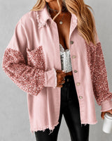 Hemdjacke Lene™ mit Paillettenärmeln, Paillettentasche und offenen Kanten in Rosa