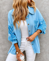Hemdjacke Lene™ mit Paillettenärmeln, Paillettentasche und offenen Kanten in Blau