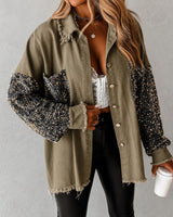Hemdjacke Lene™ mit Paillettenärmeln, Paillettentasche und offenen Kanten in Olivgrün