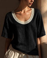 Bluse Alma™ mit Leinen-Baumwoll-Mix und Häkel-Ausschnitt in Schwarz