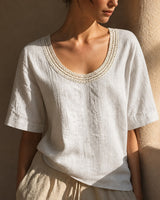 Bluse Alma™ mit Leinen-Baumwoll-Mix und Häkel-Ausschnitt in Weiß