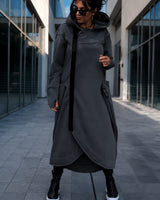 Langer Oversize-Mantel Malva™ mit Kapuze, Reißverschluss und Daumenlochbündchen in Grau