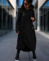 Langer Oversize-Mantel Malva™ mit Kapuze, Reißverschluss und Daumenlochbündchen in Schwarz