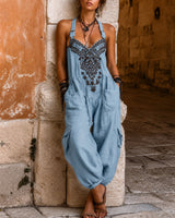 Overall Martha™ mit ornamentaler Stickerei, V-Ausschnitt und weitem Schnitt in Blau